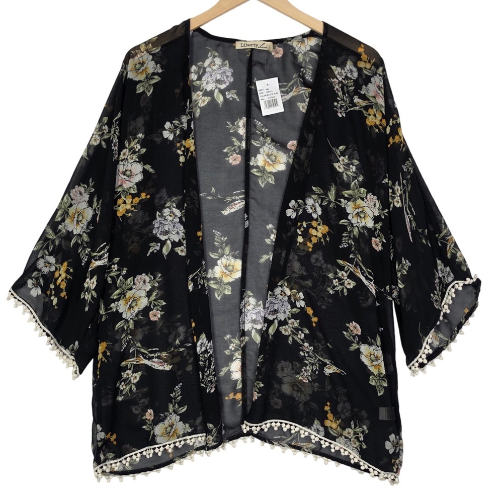 Liberty Love Kimono Small Black Floral Sheer Pom Trim Boho‎ NWT